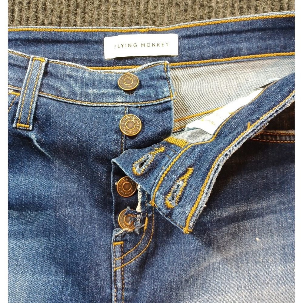 Flying Monkey Denim Skirt Womens 29 BUTTONS! Pockets Distressed Dark Wash Cotton